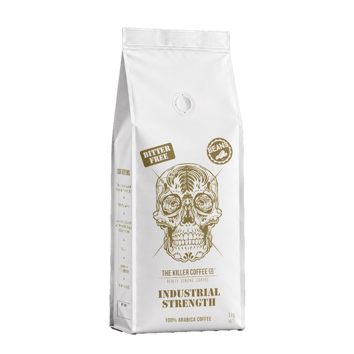 A white stand-up coffee bag with a gold skull illustration and text reading 'Industrial Strength' and 'The Killer Coffee Co.' on a plain white background.
