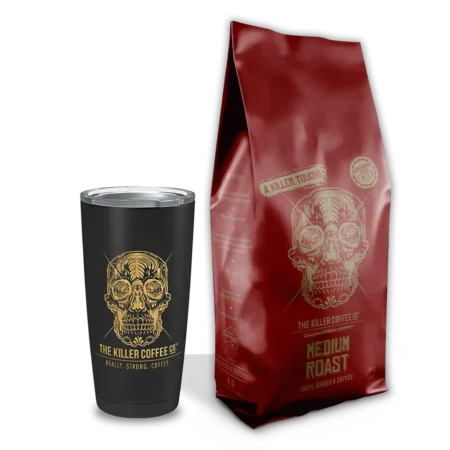 medium roast killer coffee beans bag stainless steel tumbler pack