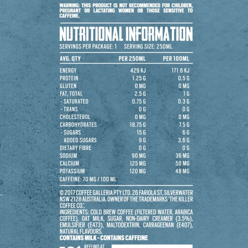 oat milk latte cold brew canned coffee nutritional information label