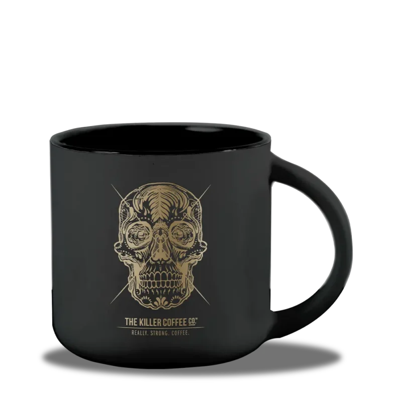 killer coffee mug gold black ceramic