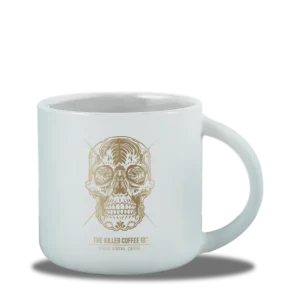 killer coffee mug gold white ceramic