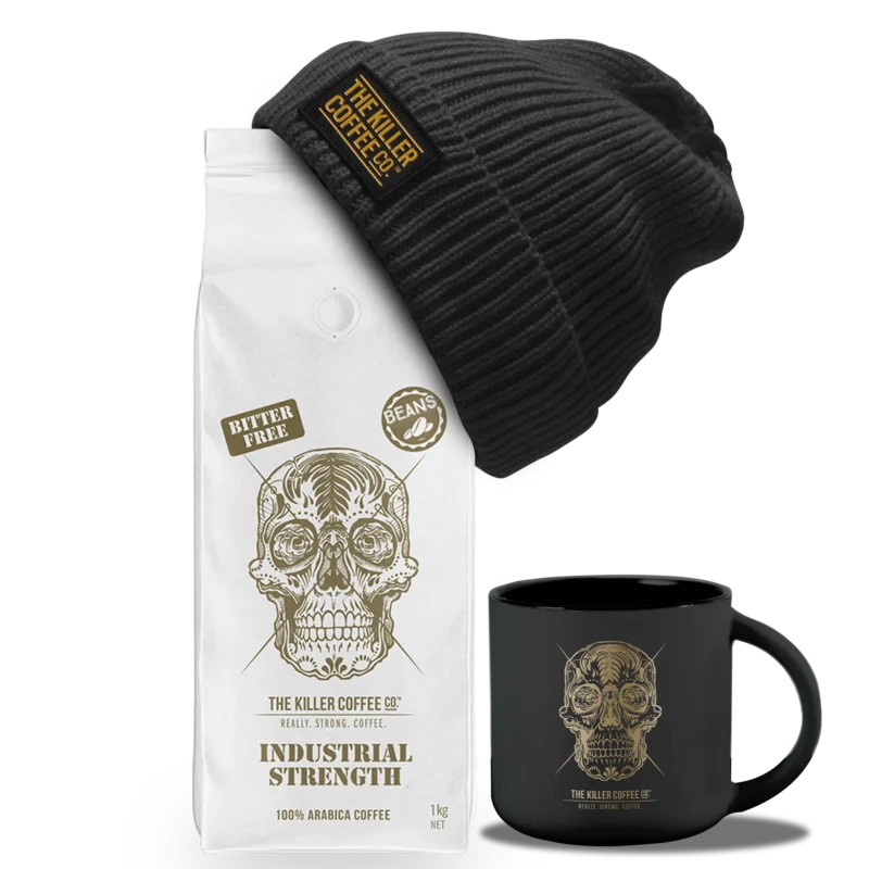 Beanie winter bundle Killer Coffee and gold ceramic coffee mug